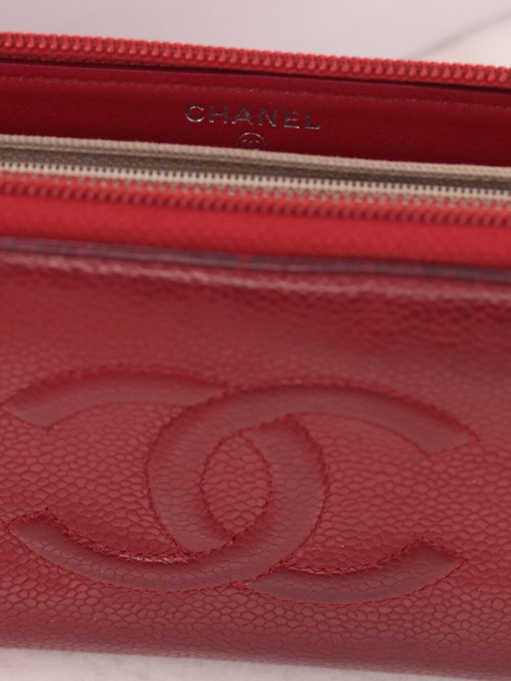 CHANEL Timeless CC Caviar Leather Zip Around Long Wallet Burgundy Silver